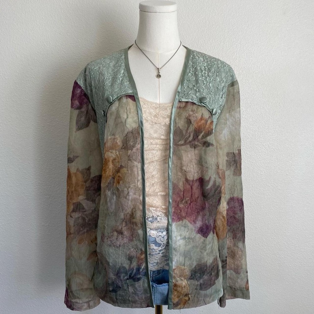 Vintage Dress Barn Woman Green Floral Lace Mesh Sheer Cardigan Jacket - Picture 3 of 6